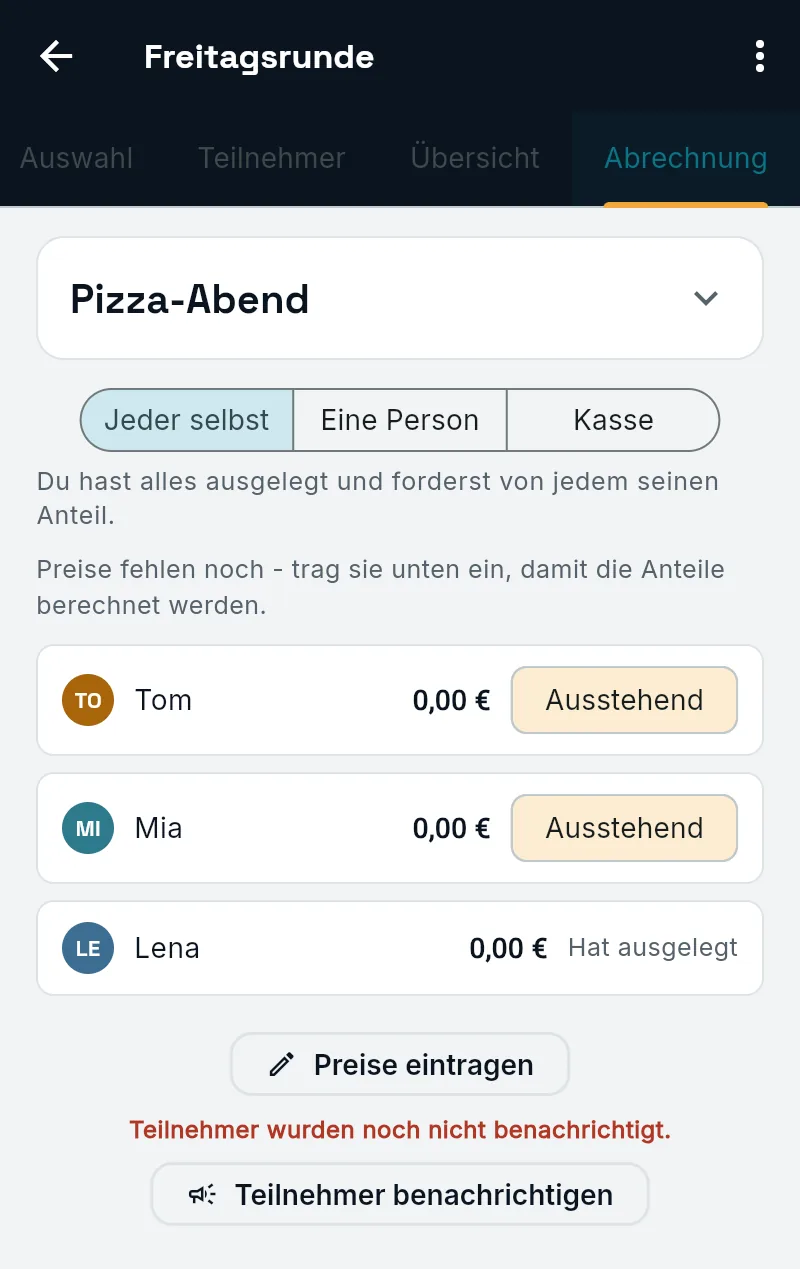 Tab Abrechnung mit der Auswahl Jeder selbst, Eine Person und Kasse; Preise fehlen noch