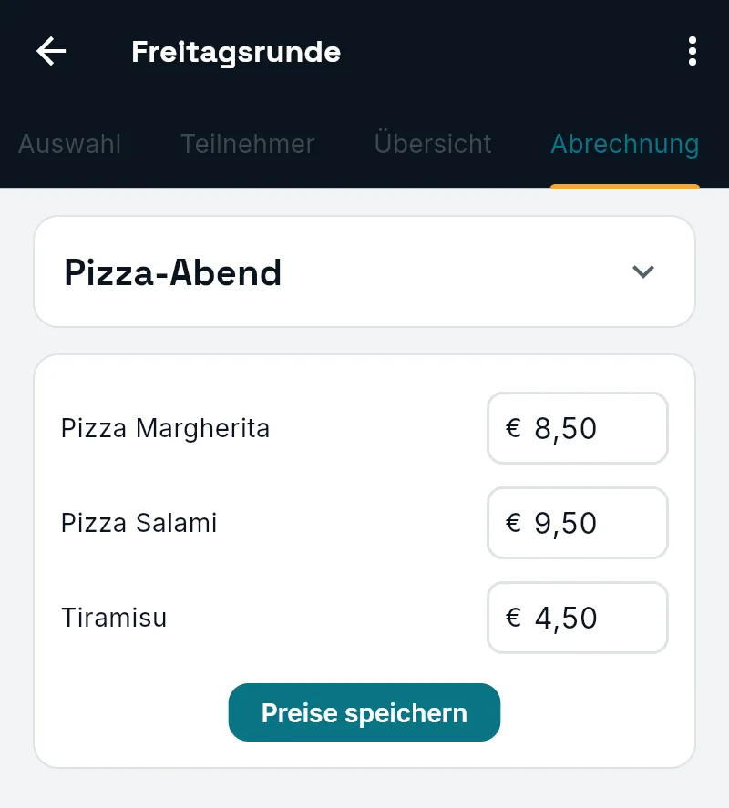 Formular mit den Preisen für Pizza Margherita, Pizza Salami und Tiramisu