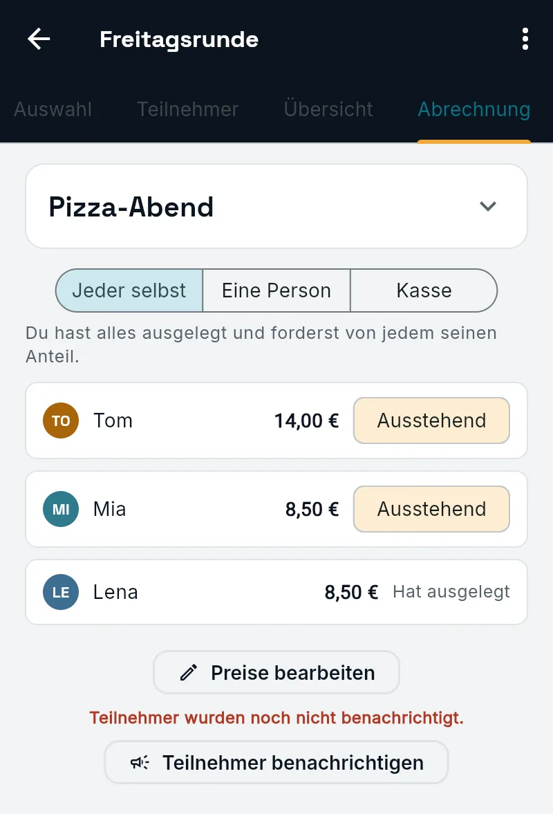 Abrechnung: Tom 14,00 Euro ausstehend, Mia 8,50 Euro ausstehend, Lena hat ausgelegt
