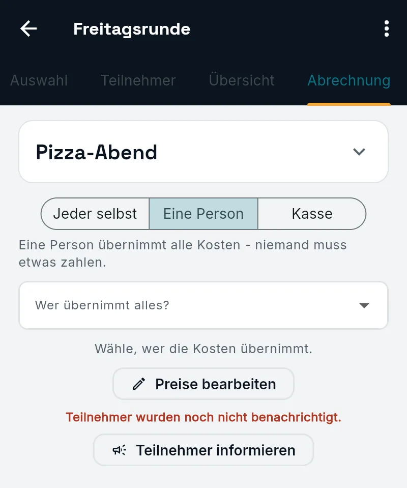 Zahlart Eine Person mit dem Auswahlfeld Wer übernimmt alles?