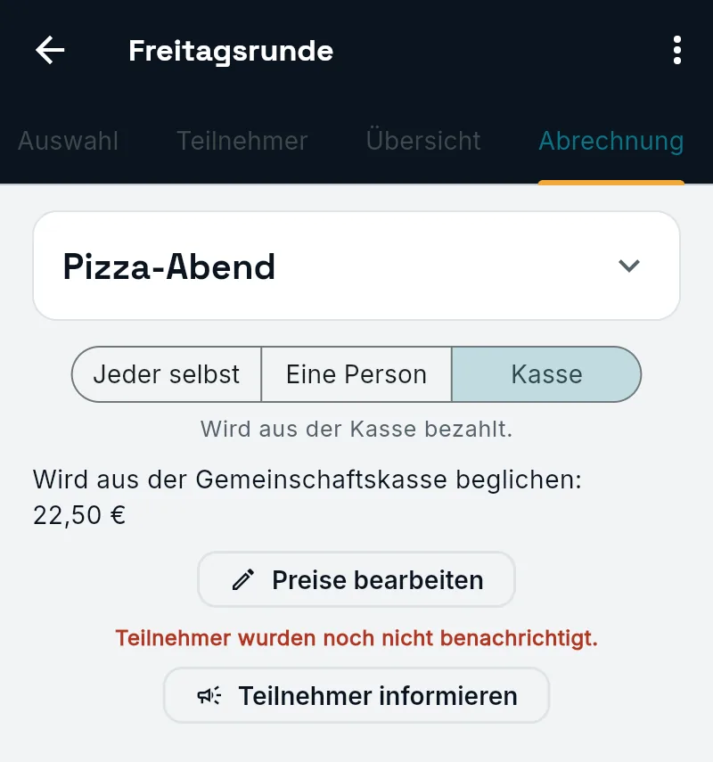 Zahlart Kasse: Wird aus der Gemeinschaftskasse beglichen, 22,50 Euro