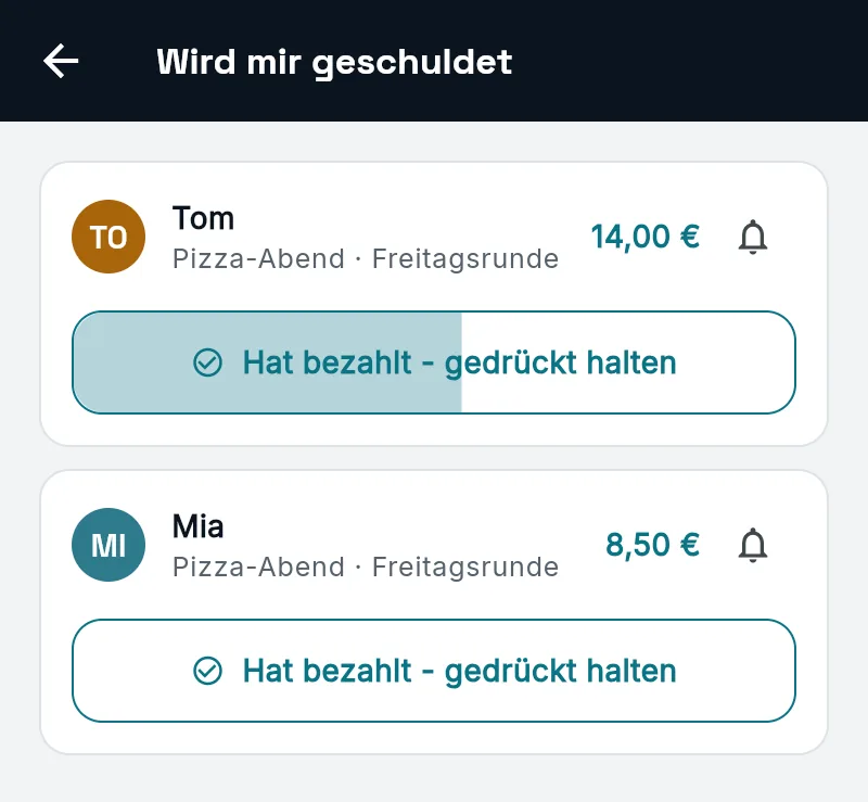 Liste Wird mir geschuldet: Der Knopf Hat bezahlt bei Tom füllt sich beim Gedrückthalten