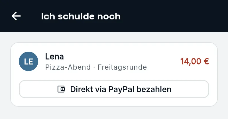 Liste Ich schulde noch: Lena, 14,00 Euro, mit dem Knopf Direkt via PayPal bezahlen